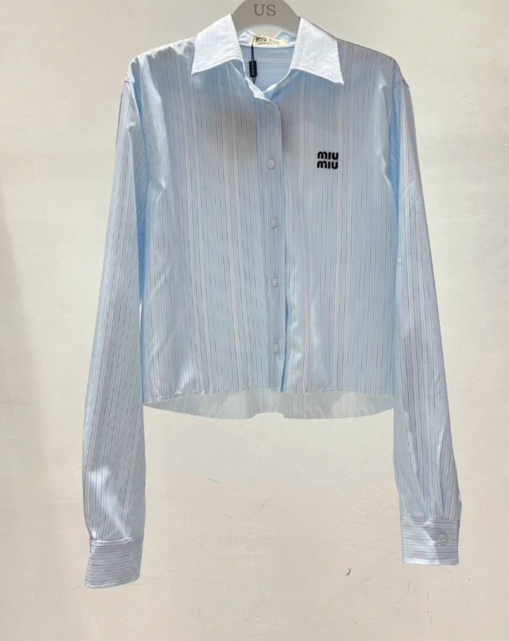 Miu Miu Light Blue Striped Cropped Button-Down Shirt